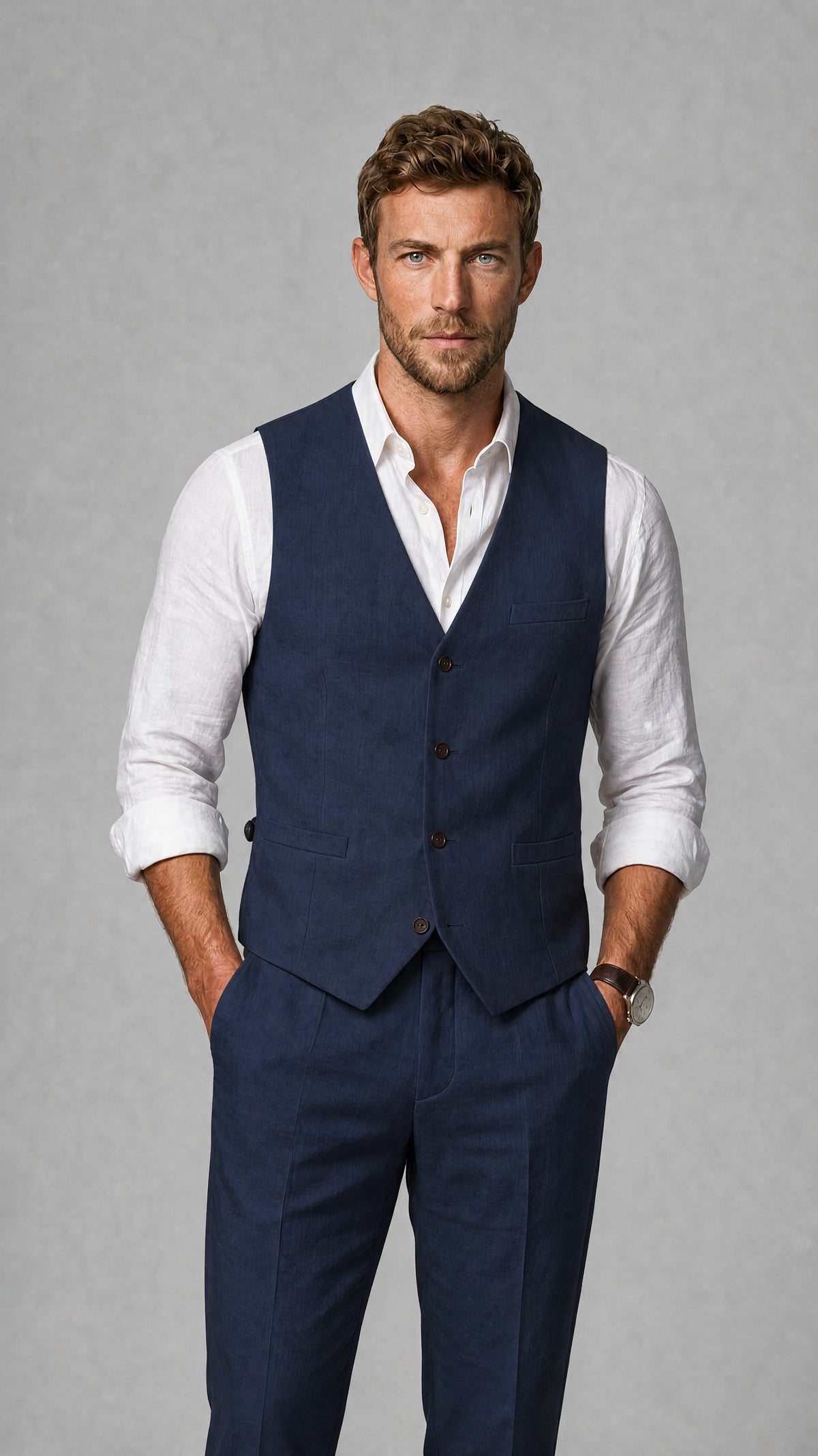 Men's Navy Blue Linen Blend Single-Breasted V-Neck Suit Vest | Savile QX0101 - Navy Blue