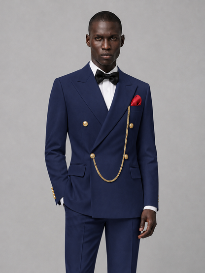 Men's Navy Blue Double-Breasted 2-Piece Suit Set – Jacket & Trousers | Navy Blue Chain - Navy Blue