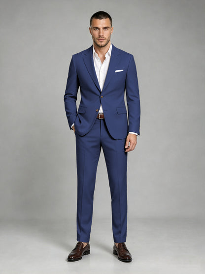 Savile Men's Dark Navy Blue Wool-Blend 2-Piece Suit Set – Two-Button Notch Lapel Slim-Fit Blazer & Turn-Up Trousers - Navy Blue
