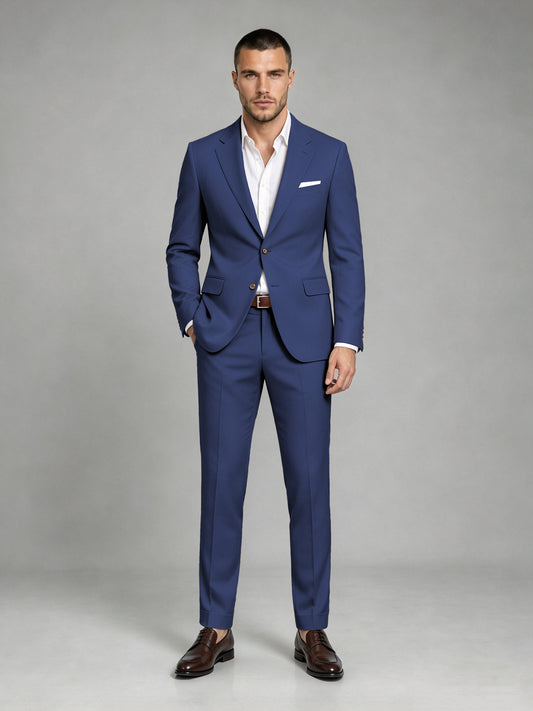 Savile Men's Dark Navy Blue Wool-Blend 2-Piece Suit Set – Two-Button Notch Lapel Slim-Fit Blazer & Turn-Up Trousers - Navy Blue