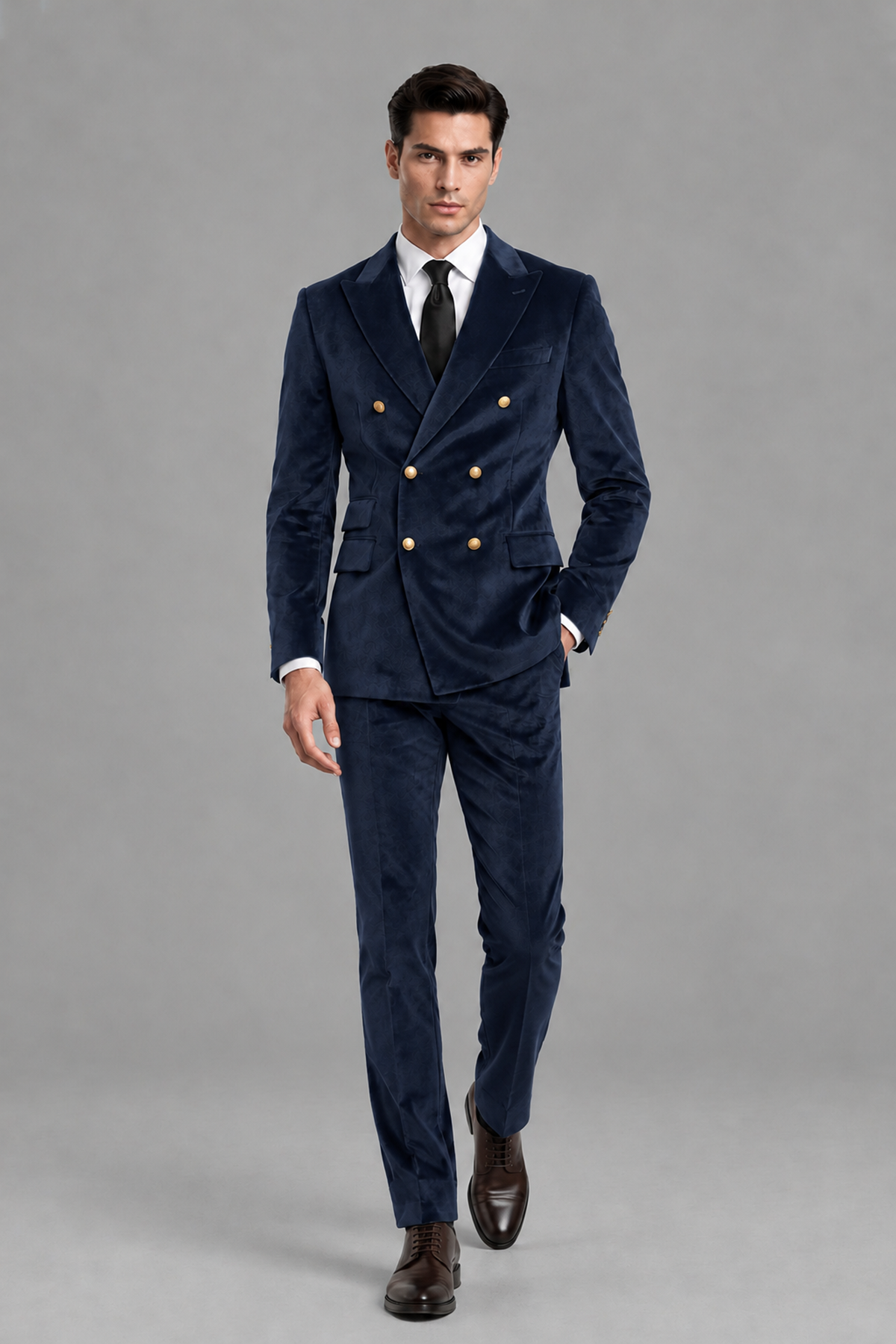 Savile Men's Navy Blue Velvet Double-Breasted 2-Piece Suit Set | Peak Lapel Blazer & Trousers - Navy Blue