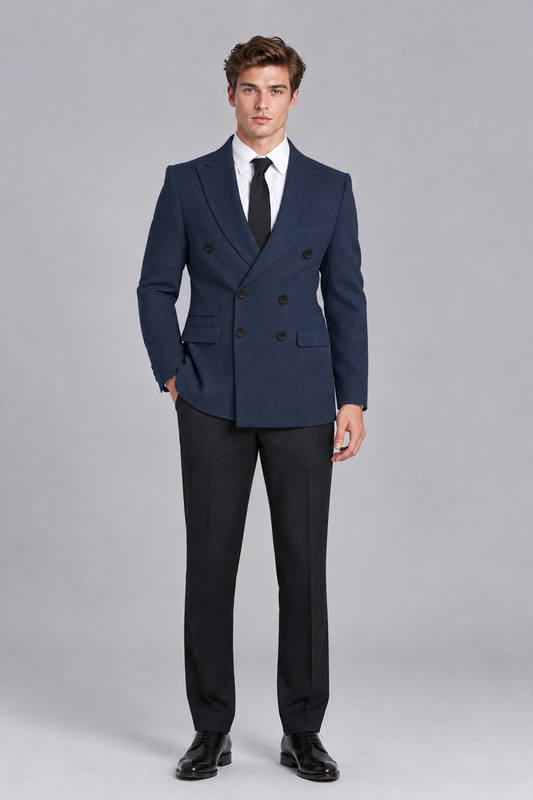 Savile Men's Navy Blue Double-Breasted Peak Lapel Blazer - Navy Blue