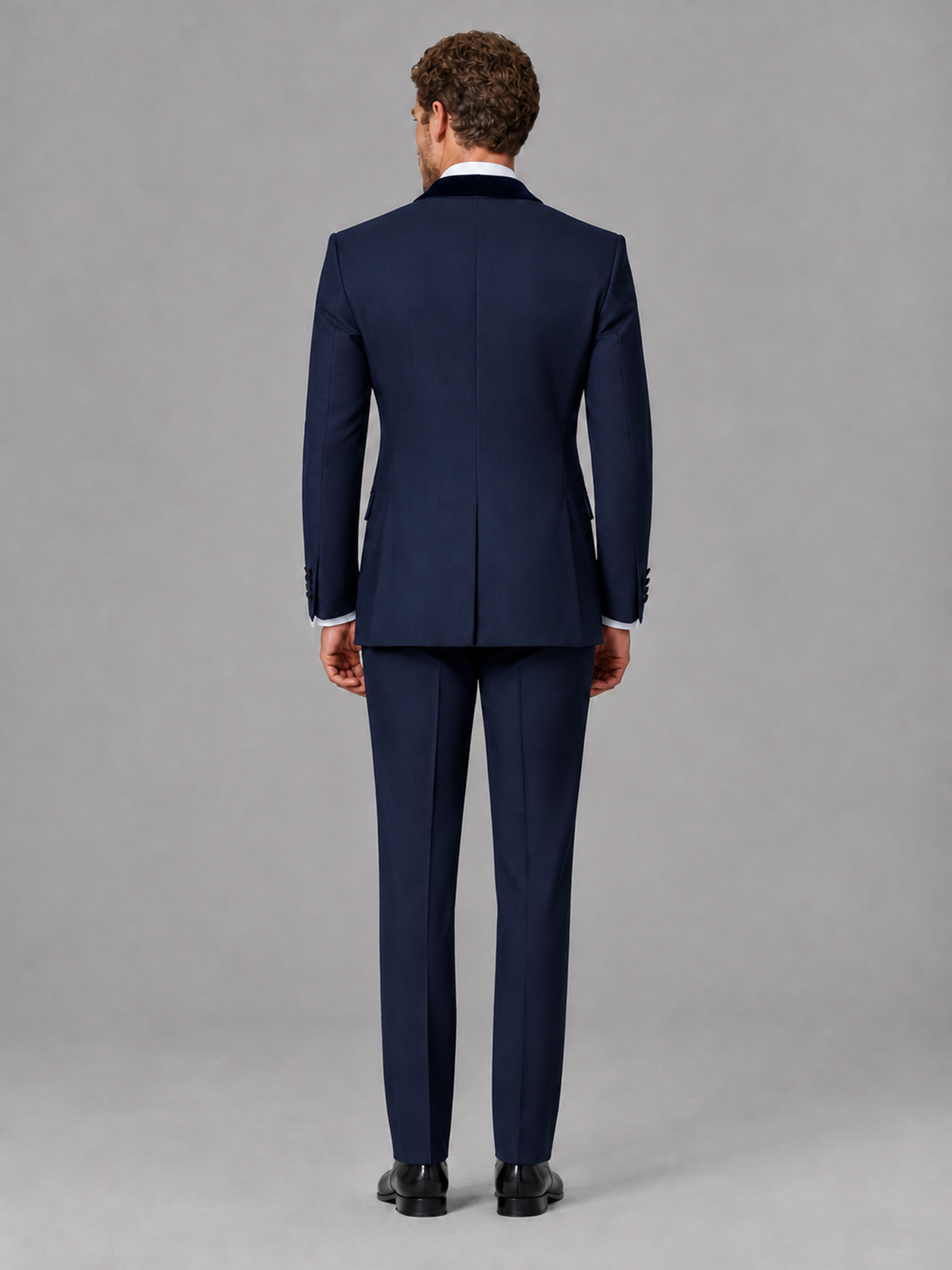 Savile Men's Navy Blue Velvet Shawl Lapel Tuxedo Suit – Modern Side-Buckle Dinner Jacket & Trousers 2-Piece Set - Navy Blue
