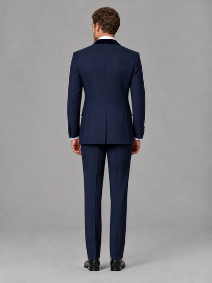 Savile Men's Navy Blue Velvet Shawl Lapel Tuxedo Suit – Modern Side-Buckle Dinner Jacket & Trousers 2-Piece Set - Navy Blue