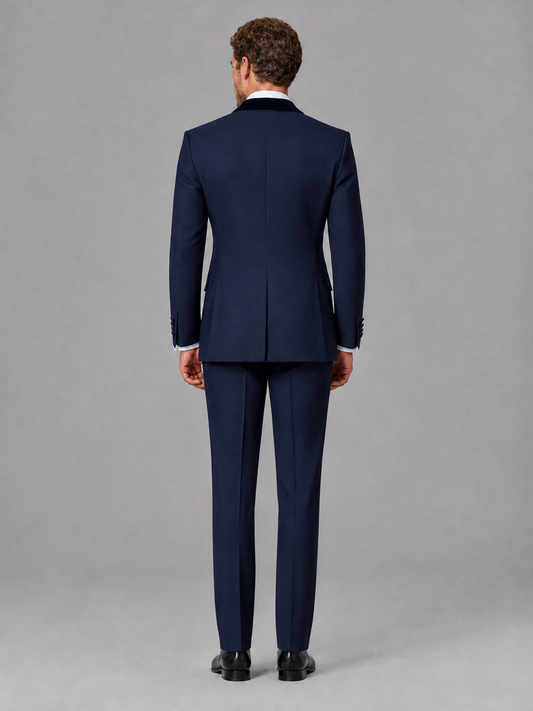 Savile Men's Navy Blue Velvet Shawl Lapel Tuxedo Suit – Modern Side-Buckle Dinner Jacket & Trousers 2-Piece Set - Navy Blue