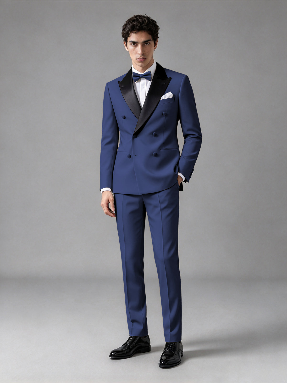 Men's Navy Blue Double-Breasted Satin Peak Lapel Tuxedo Suit Set (Jacket + Trousers) - Navy Blue