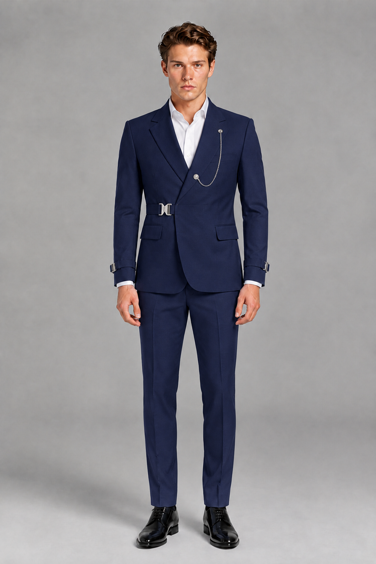 Savile Men's Navy Blue Buckle-Closure 2-Piece Suit Set | Peak Lapel Blazer & Trousers - Navy Blue