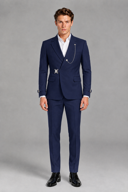 Savile Men's Navy Blue Buckle-Closure 2-Piece Suit Set | Peak Lapel Blazer & Trousers - Navy Blue