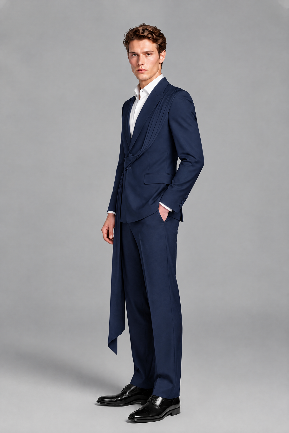 Men's Navy Blue Draped Sash Suit – Peak Lapel 2-Piece Slim Fit Party, Gala & Wedding Set - Navy Blue