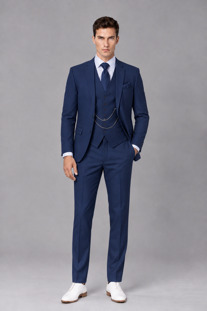 Savile Navy Blue 3-Piece Suit with Notch Lapel & Chain Vest - Navy Blue