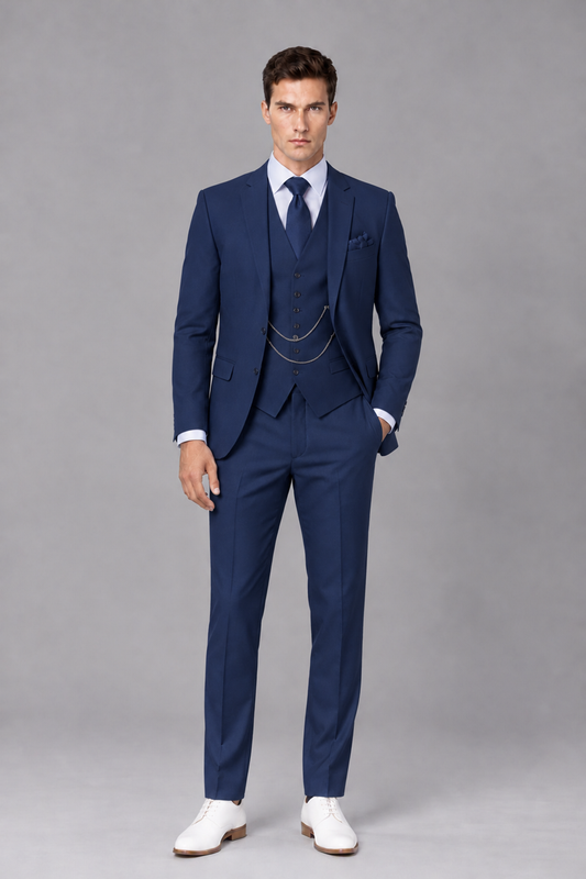 Savile Navy Blue 3-Piece Suit with Notch Lapel & Chain Vest - Navy Blue