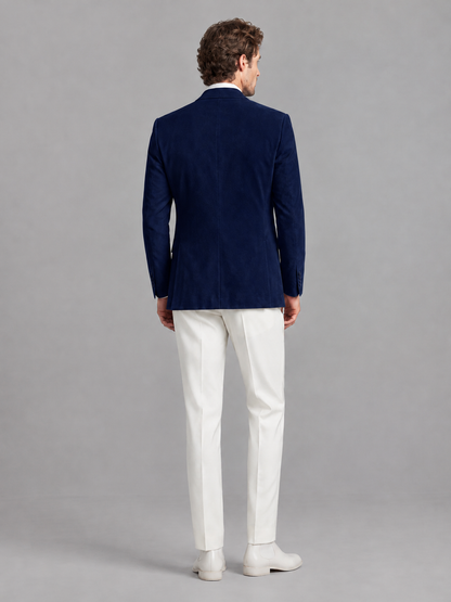 Savile Men's Navy Blue Velvet Shawl Lapel 2-Piece Tuxedo Suit Set | Jacket & White Trousers - Navy Blue - Navy Blue (2)
