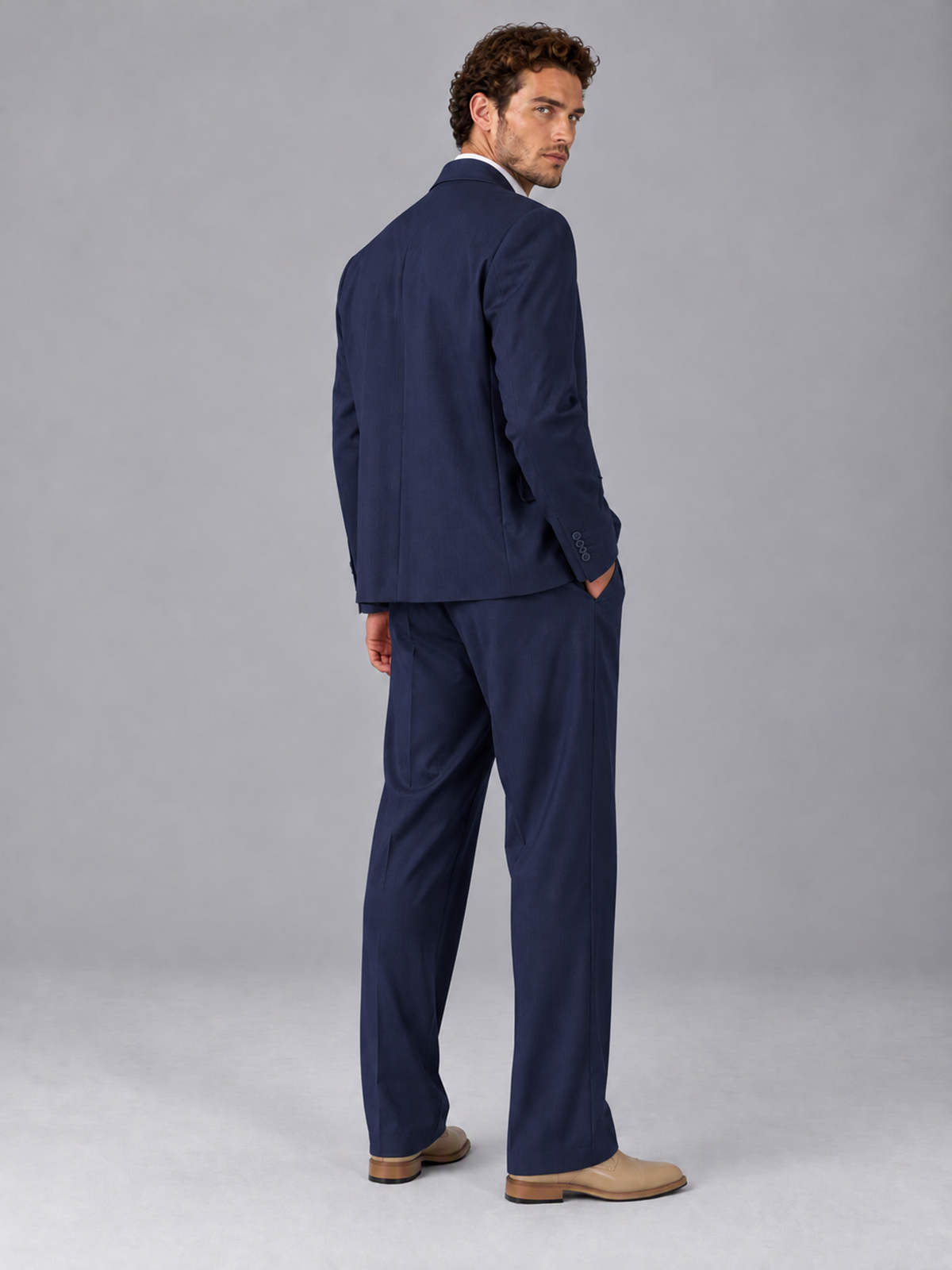 Savile Navy Blue Beige Double-Breasted 2-Piece Suit with Peak Lapel - Navy Blue