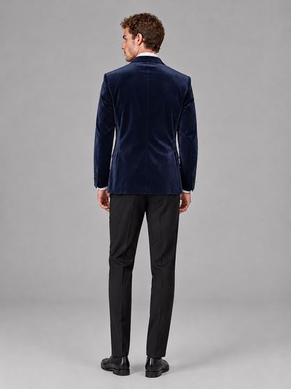 Savile Men's Navy Blue Velvet Peak Lapel 2-Piece Tuxedo Suit Set | Jacket & Trousers - Navy Blue
