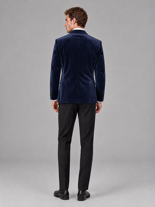 Savile Men's Navy Blue Velvet Peak Lapel 2-Piece Tuxedo Suit Set | Jacket & Trousers - Navy Blue