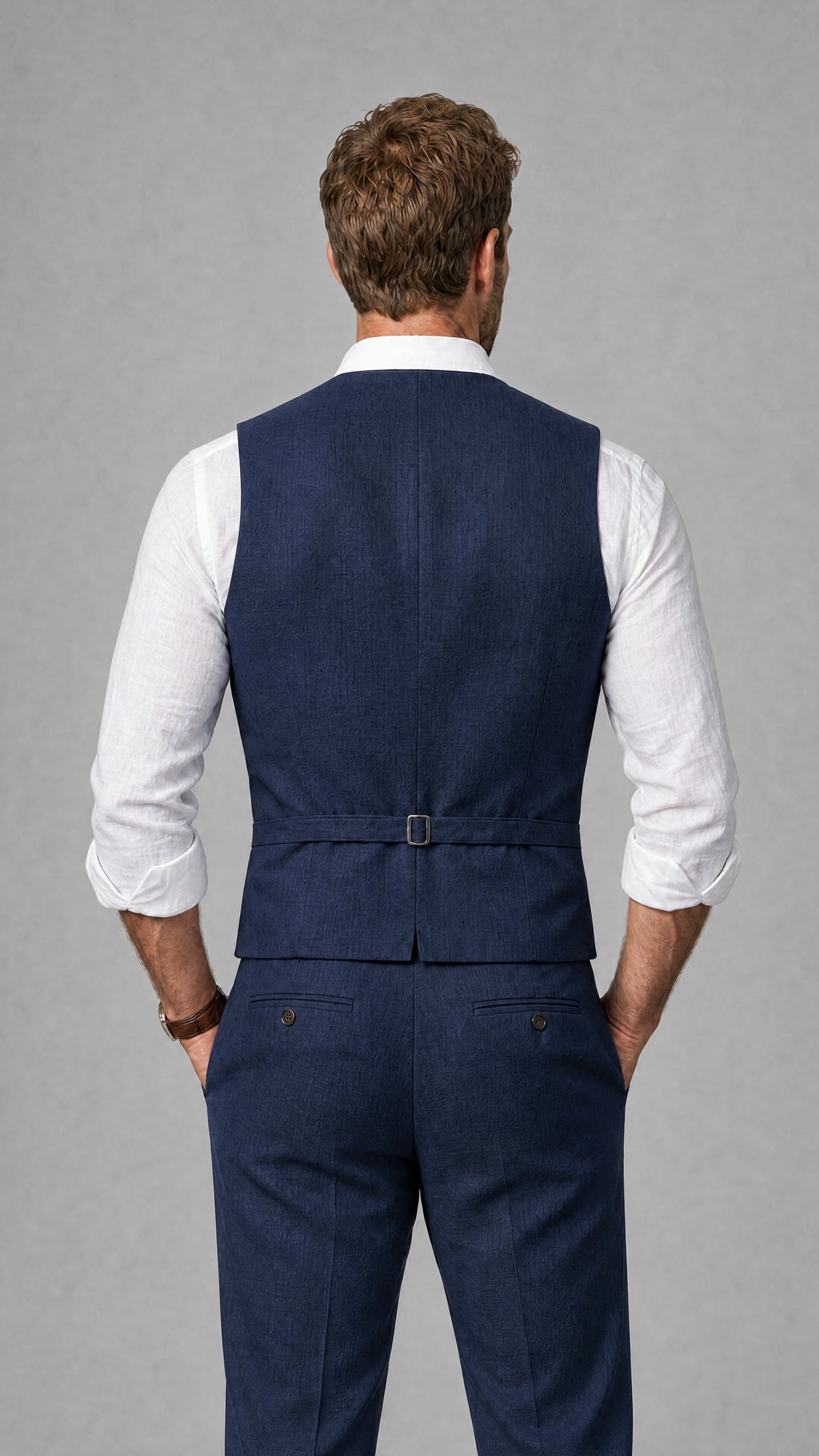 Men's Navy Blue Linen Blend Single-Breasted V-Neck Suit Vest | Savile QX0101 - Navy Blue