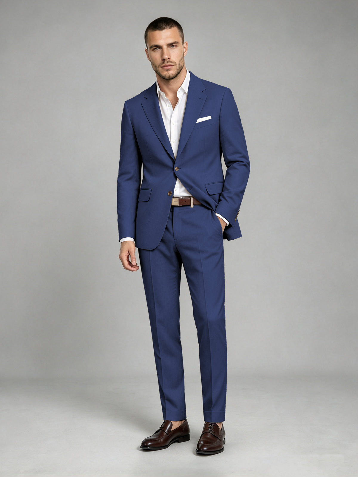 Savile Men's Dark Navy Blue Wool-Blend 2-Piece Suit Set – Two-Button Notch Lapel Slim-Fit Blazer & Turn-Up Trousers - Navy Blue