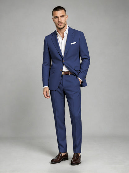 Savile Men's Dark Navy Blue Wool-Blend 2-Piece Suit Set – Two-Button Notch Lapel Slim-Fit Blazer & Turn-Up Trousers - Navy Blue