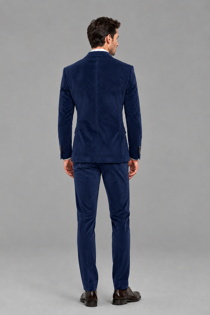 Savile Men's Navy Blue Velvet Double-Breasted 2-Piece Suit Set | Peak Lapel Blazer & Trousers - Navy Blue