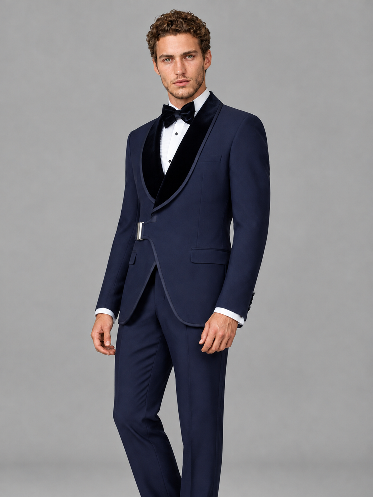 Savile Men's Navy Blue Velvet Shawl Lapel Tuxedo Suit – Modern Side-Buckle Dinner Jacket & Trousers 2-Piece Set - Navy Blue
