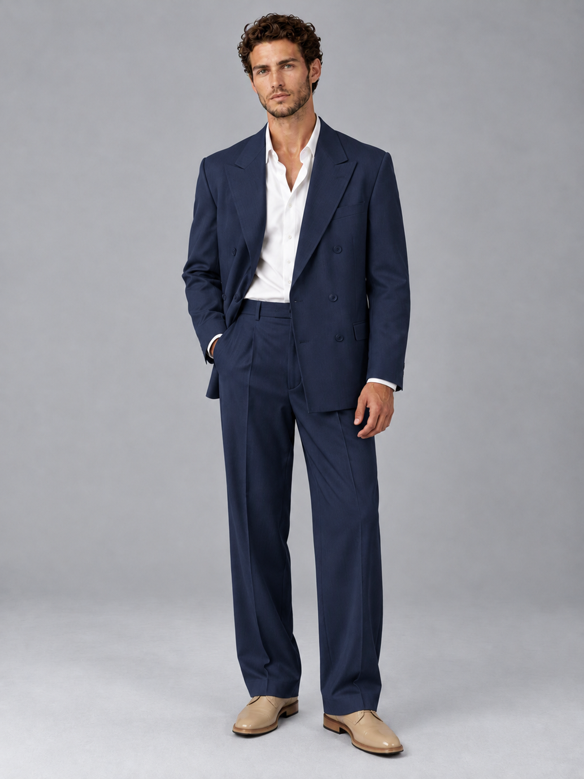 Savile Navy Blue Beige Double-Breasted 2-Piece Suit with Peak Lapel - Navy Blue
