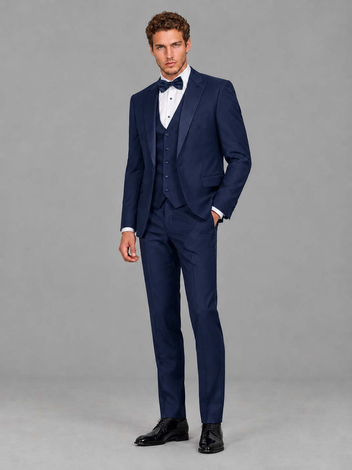 Savile Men's Navy Blue Peak Lapel 3-Piece Tuxedo Suit | Jacket, Vest & Trousers - Navy Blue