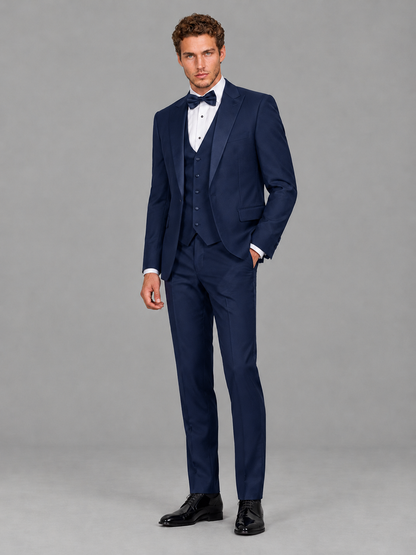 Savile Men's Navy Blue Peak Lapel 3-Piece Tuxedo Suit | Jacket, Vest & Trousers - Navy Blue