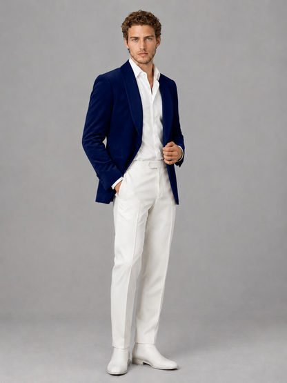 Savile Men's Navy Blue Velvet Shawl Lapel 2-Piece Tuxedo Suit Set | Jacket & White Trousers - Navy Blue - Navy Blue (3)
