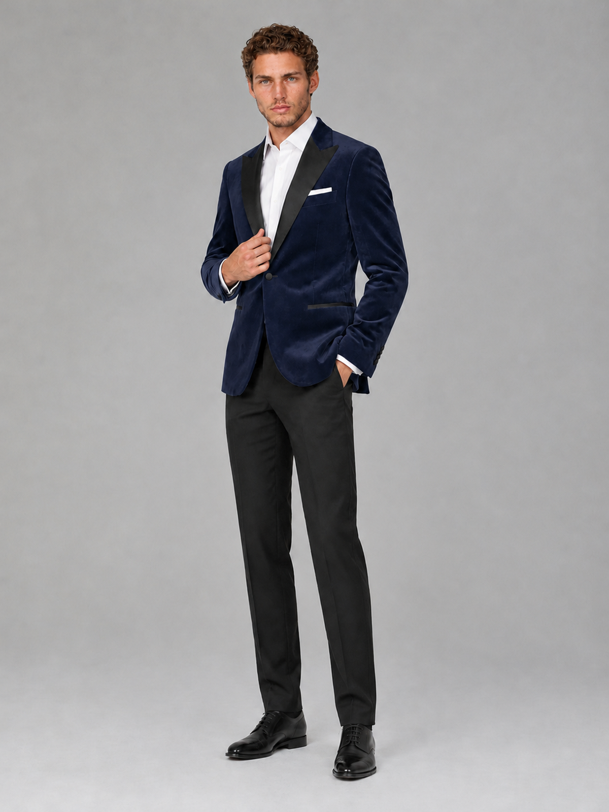 Savile Men's Navy Blue Velvet Peak Lapel 2-Piece Tuxedo Suit Set | Jacket & Trousers - Navy Blue