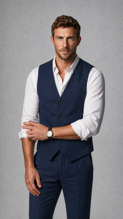 Men's Navy Blue Linen Blend Single-Breasted V-Neck Suit Vest | Savile QX0101 - Navy Blue