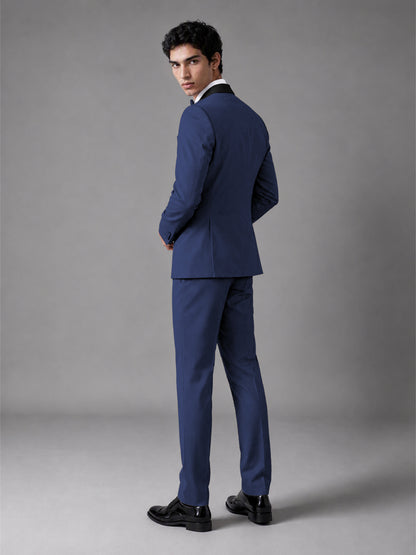 Men's Navy Blue Double-Breasted Satin Peak Lapel Tuxedo Suit Set (Jacket + Trousers) - Navy Blue