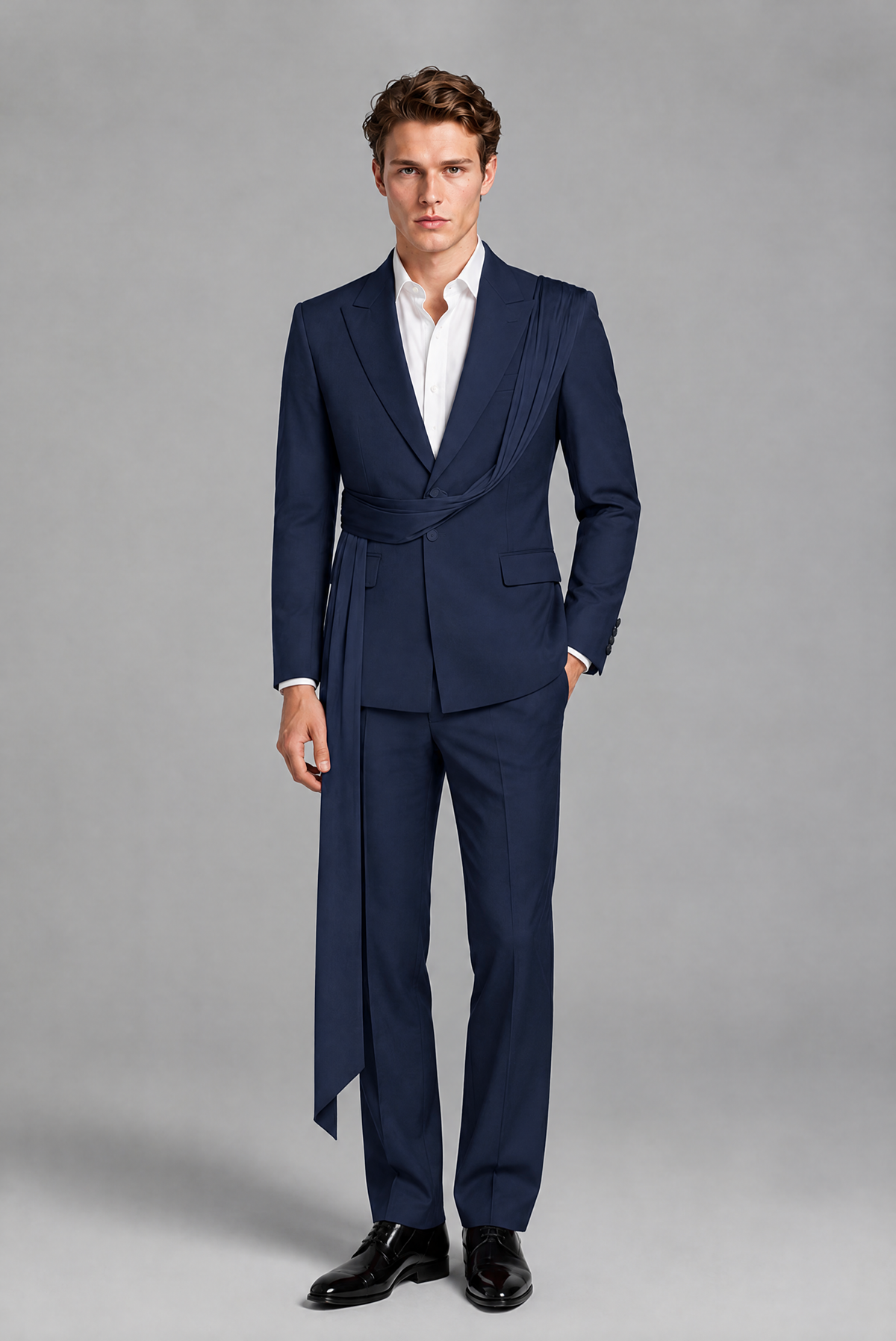 Men's Navy Blue Draped Sash Suit – Peak Lapel 2-Piece Slim Fit Party, Gala & Wedding Set - Navy Blue
