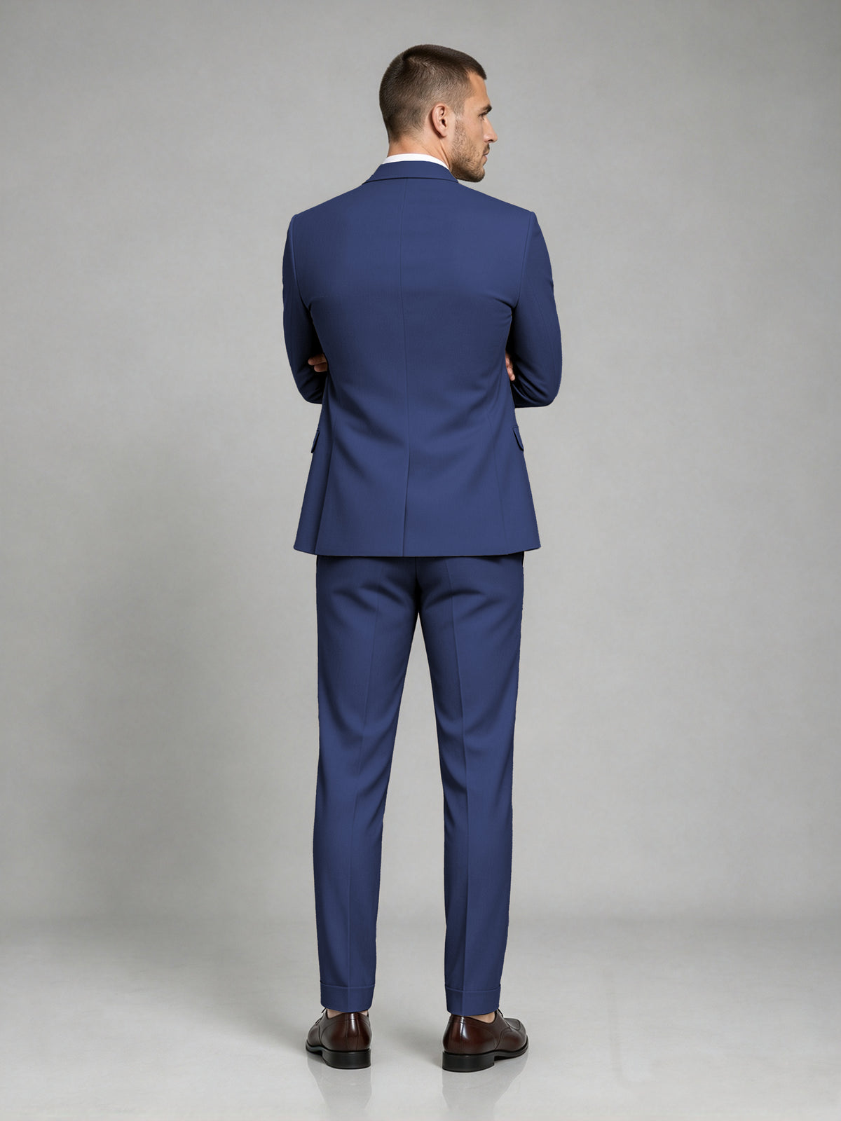 Savile Men's Dark Navy Blue Wool-Blend 2-Piece Suit Set – Two-Button Notch Lapel Slim-Fit Blazer & Turn-Up Trousers - Navy Blue