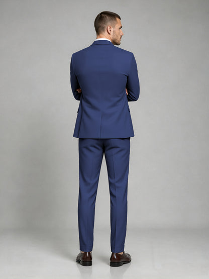 Savile Men's Dark Navy Blue Wool-Blend 2-Piece Suit Set – Two-Button Notch Lapel Slim-Fit Blazer & Turn-Up Trousers - Navy Blue
