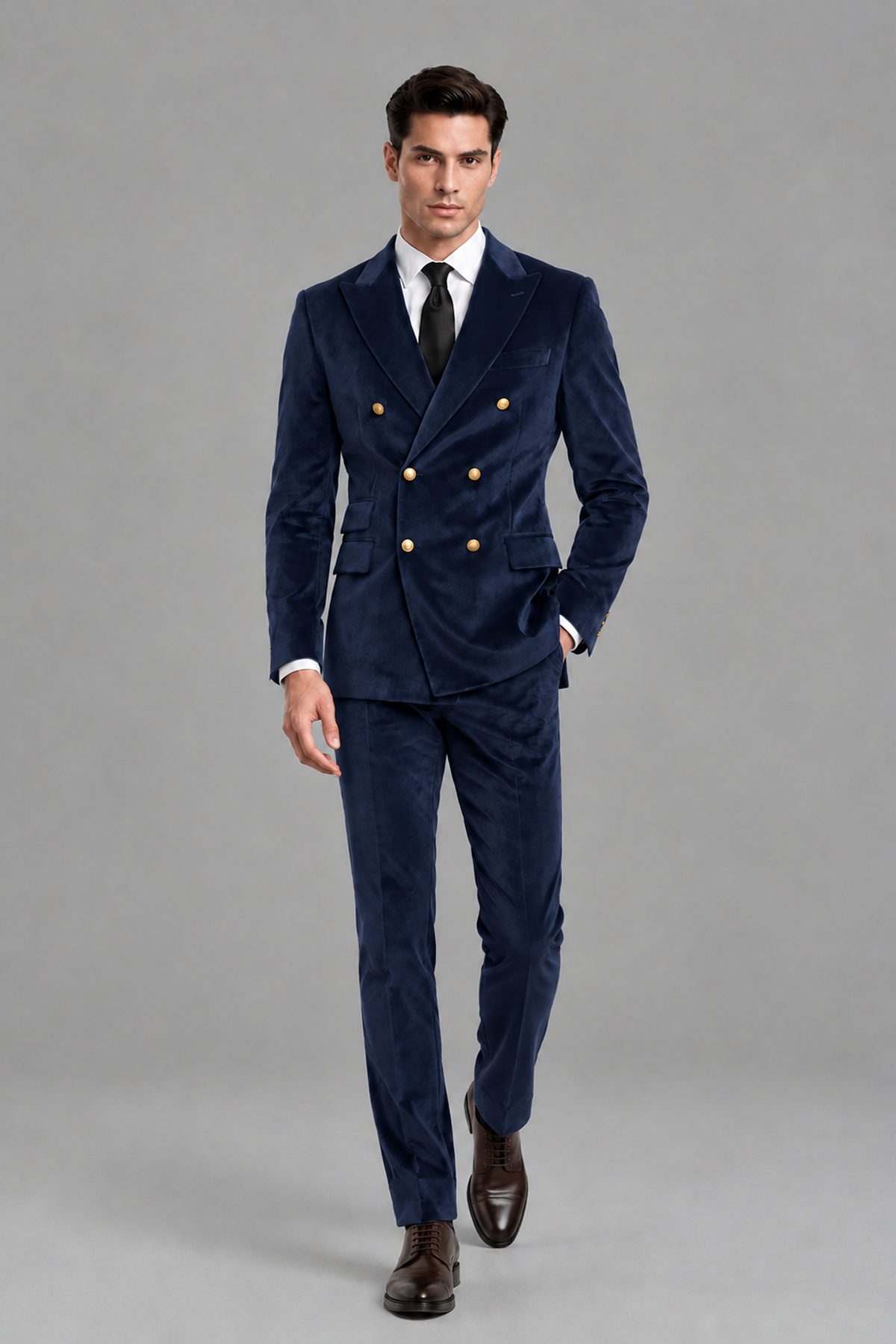 Savile Men's Navy Blue Velvet Double-Breasted 2-Piece Suit Set | Peak Lapel Blazer & Trousers - Navy Blue