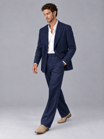 Savile Navy Blue Beige Double-Breasted 2-Piece Suit with Peak Lapel - Navy Blue
