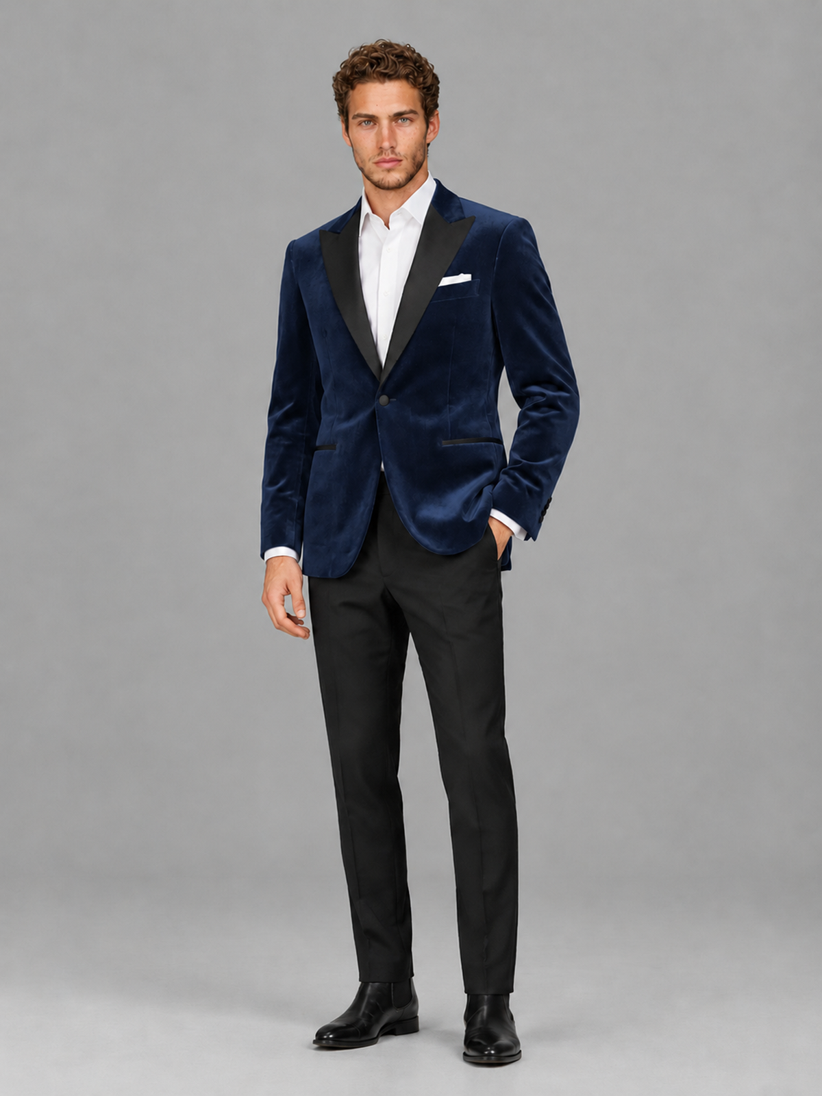 Savile Men's Navy Blue Velvet Peak Lapel 2-Piece Tuxedo Suit Set | Jacket & Trousers - Navy Blue