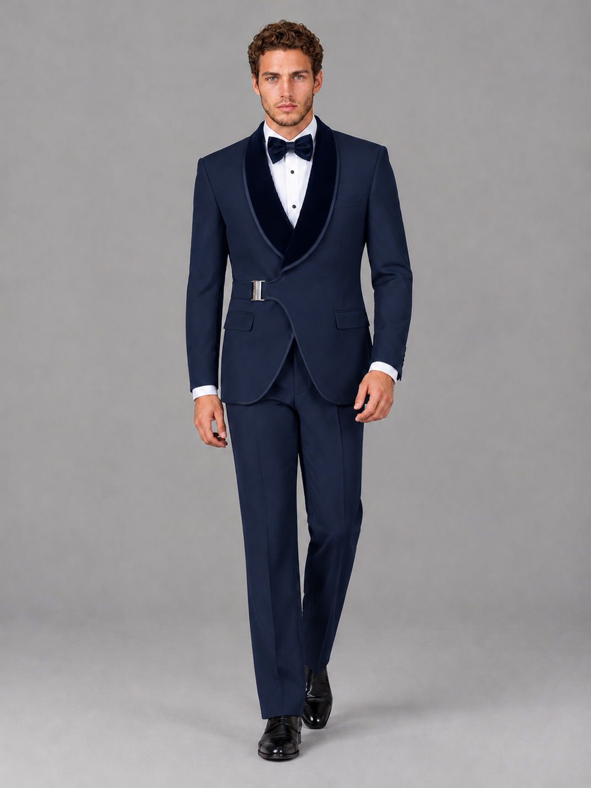 Savile Men's Navy Blue Velvet Shawl Lapel Tuxedo Suit – Modern Side-Buckle Dinner Jacket & Trousers 2-Piece Set - Navy Blue