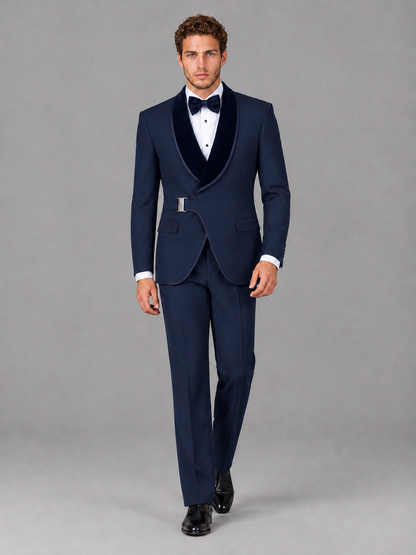 Savile Men's Navy Blue Velvet Shawl Lapel Tuxedo Suit – Modern Side-Buckle Dinner Jacket & Trousers 2-Piece Set - Navy Blue