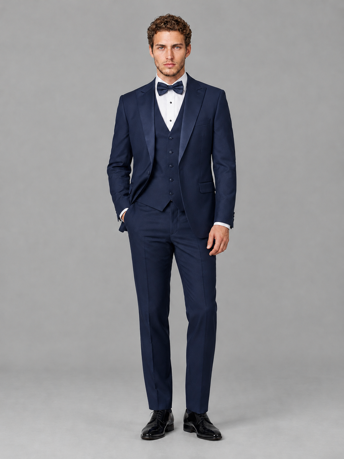 Savile Men's Navy Blue Peak Lapel 3-Piece Tuxedo Suit | Jacket, Vest & Trousers - Navy Blue
