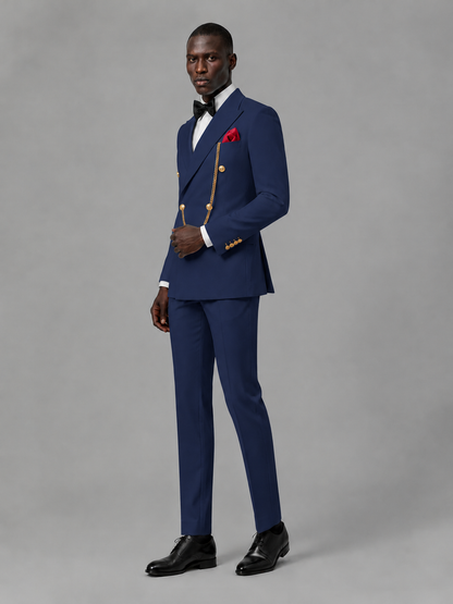Men's Navy Blue Double-Breasted 2-Piece Suit Set – Jacket & Trousers | Navy Blue Chain - Navy Blue