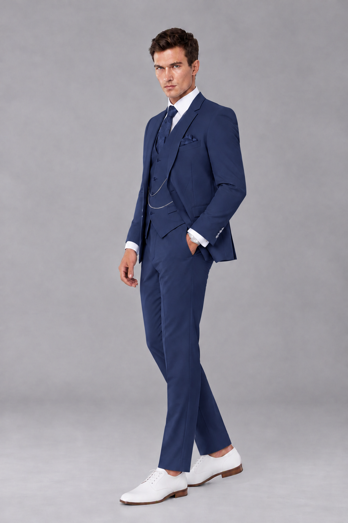 Savile Navy Blue 3-Piece Suit with Notch Lapel & Chain Vest - Navy Blue