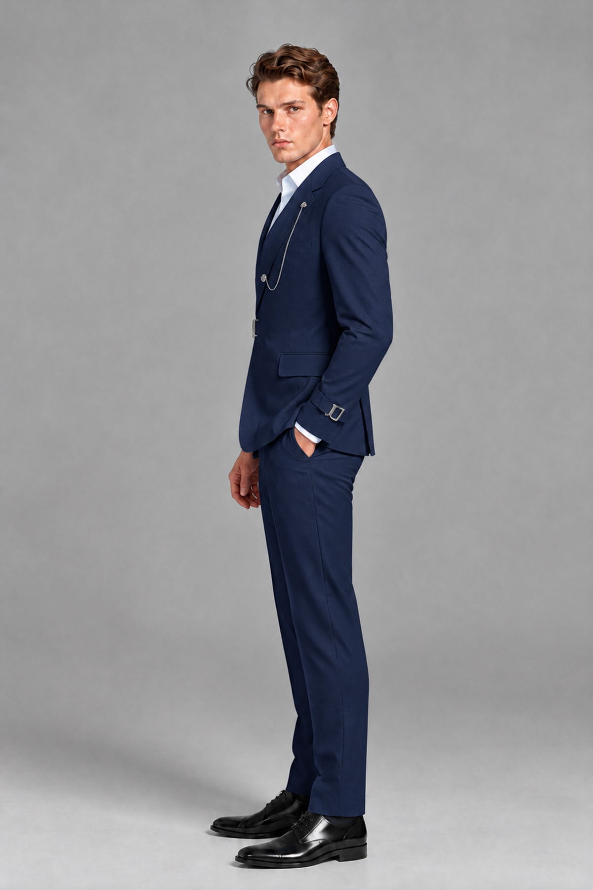 Savile Men's Navy Blue Buckle-Closure 2-Piece Suit Set | Peak Lapel Blazer & Trousers - Navy Blue