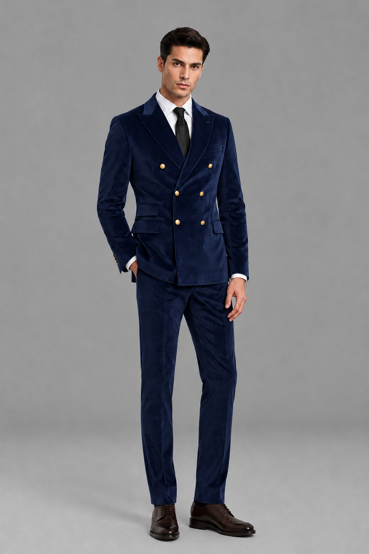Savile Men's Navy Blue Velvet Double-Breasted 2-Piece Suit Set | Peak Lapel Blazer & Trousers - Navy Blue