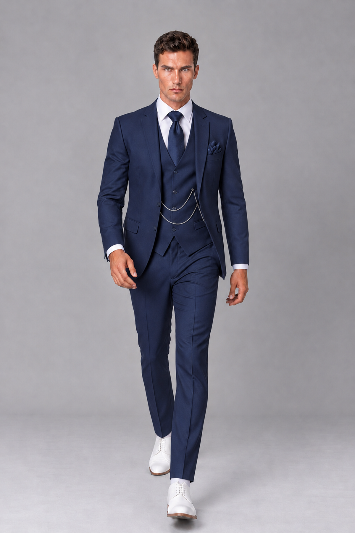 Savile Navy Blue 3-Piece Suit with Notch Lapel & Chain Vest - Navy Blue