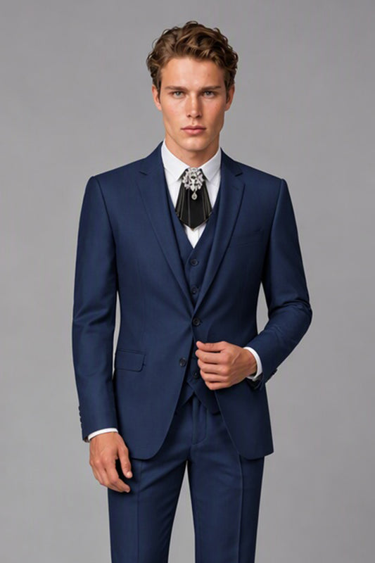 Close-up of Savile navy blue suit jacket notch lapel and matching tailored waistcoat