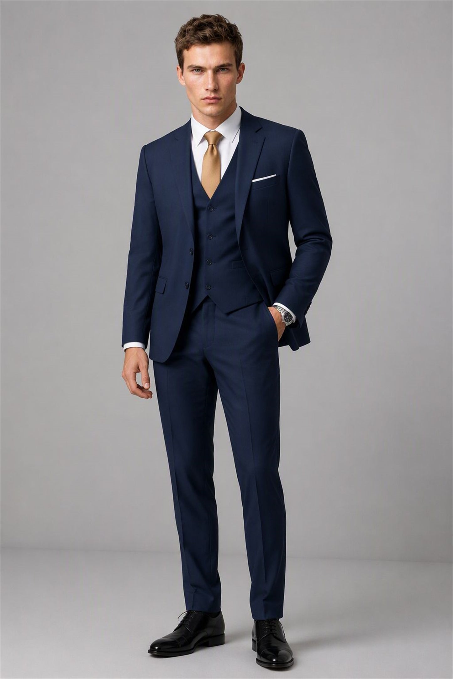 Men's Navy Blue 3-Piece Slim Fit Suit - Walking Full Length | Savile AA0002