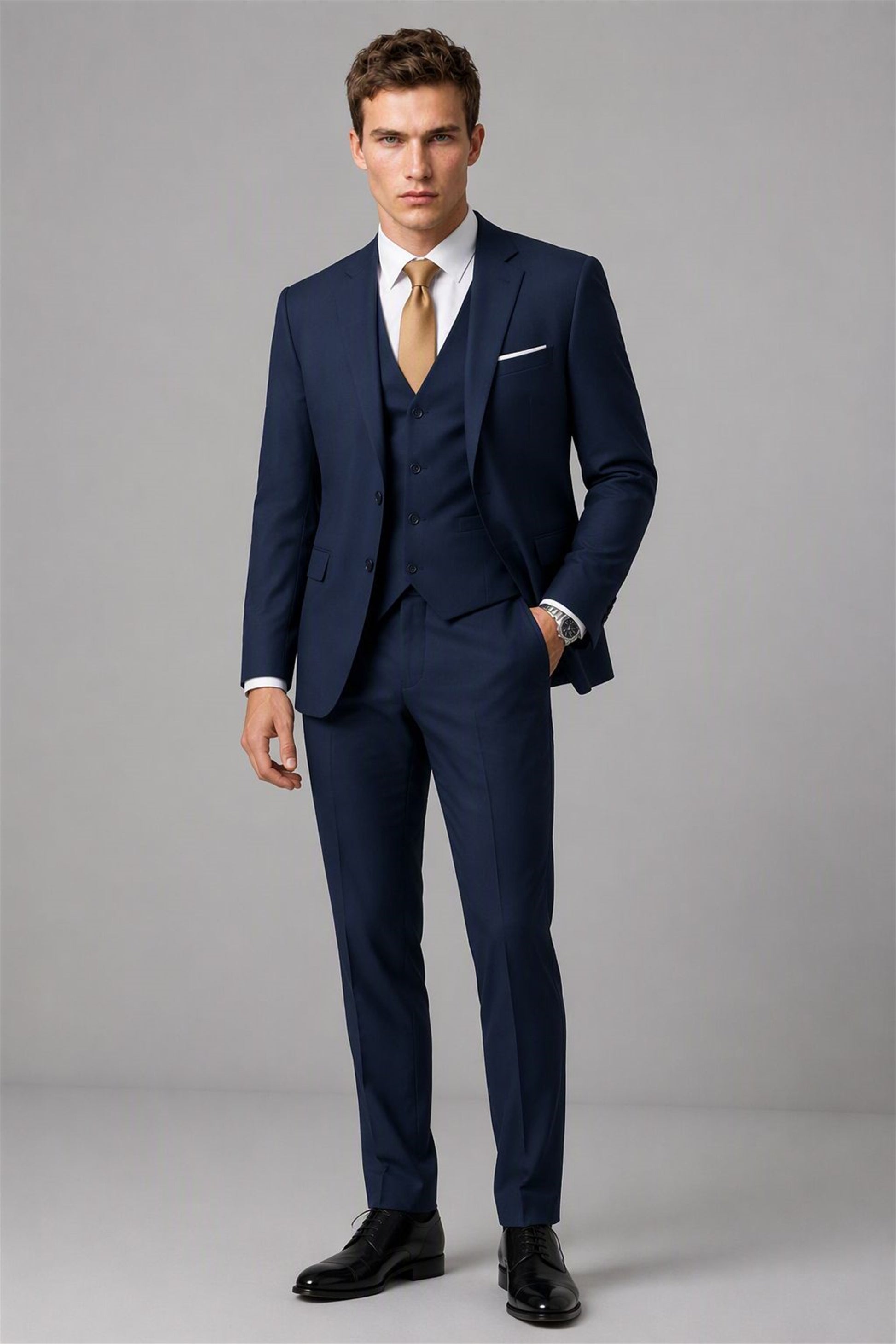 Men's Navy Blue 3-Piece Slim Fit Suit - Walking Full Length | Savile AA0002