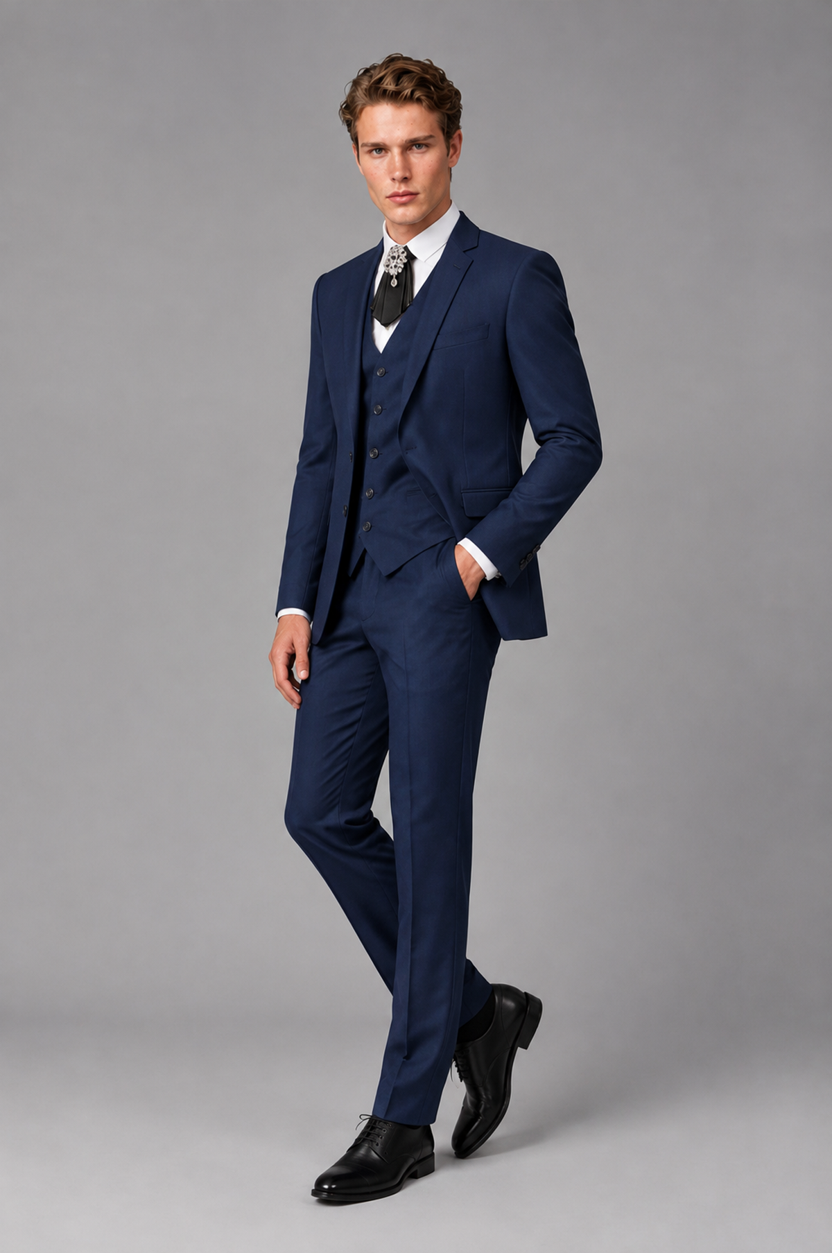 Savile Men's Navy Blue 3-Piece Suit full-length angled view