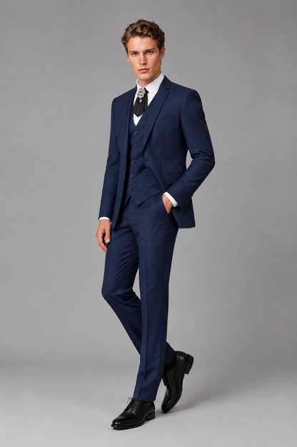 Savile Men's Navy Blue 3-Piece Suit full-length angled view
